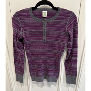 Title Nine Henley Sweater Purple/Gray Stripe Merino Wool Blend Outdoor Retro